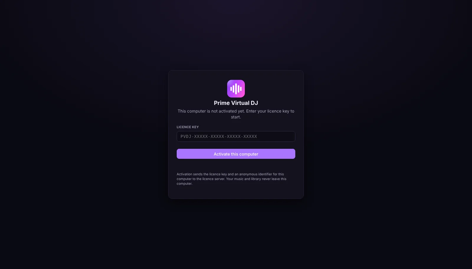 The activation screen of the Prime Virtual DJ desktop app.