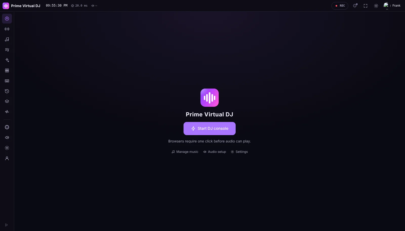 The Prime Virtual DJ web app in a browser, ready to start the DJ console.